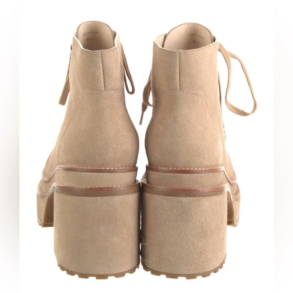 Cult Gaia Suede Platform Lace Up Ankle Combat Block Heel Leather Booties Tan